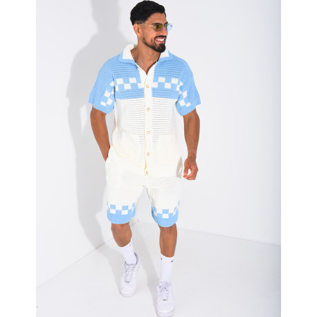 Ensemble ajouré à damier short et chemise à boutons perle
