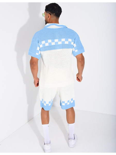 Ensemble ajouré à damier short et chemise à boutons perle