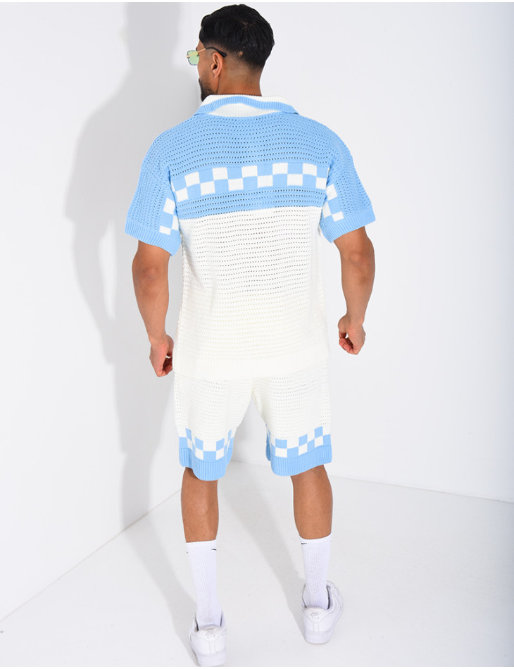 Ensemble ajouré à damier short et chemise à boutons perle