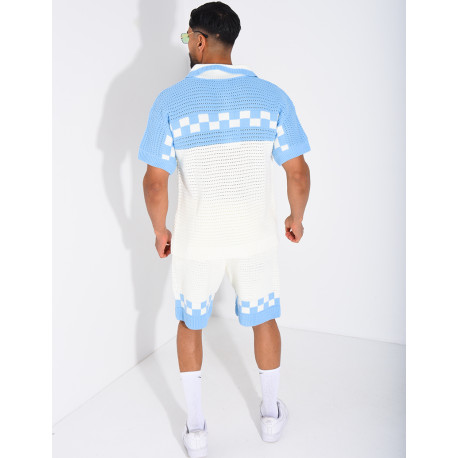 Ensemble ajouré à damier short et chemise à boutons perle