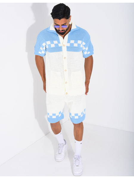 Ensemble ajouré à damier short et chemise à boutons perle