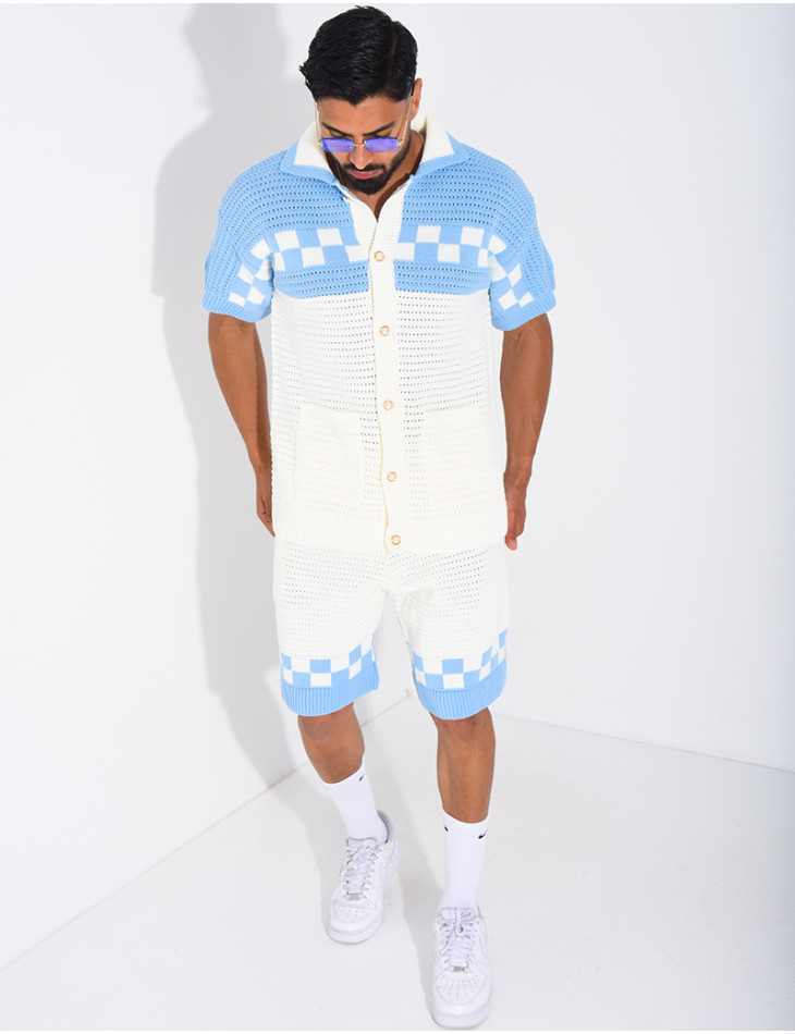 Ensemble ajouré à damier short et chemise à boutons perle