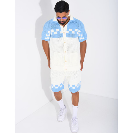 Ensemble ajouré à damier short et chemise à boutons perle