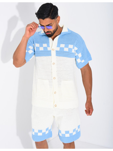 Ensemble ajouré à damier short et chemise à boutons perle