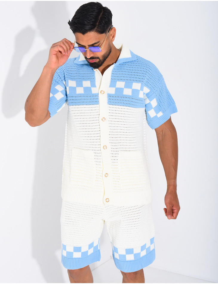 Ensemble ajouré à damier short et chemise à boutons perle