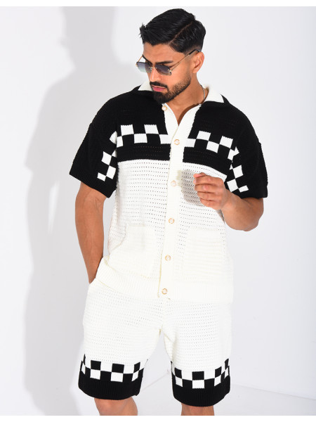 Ensemble ajouré à damier short et chemise à boutons perle
