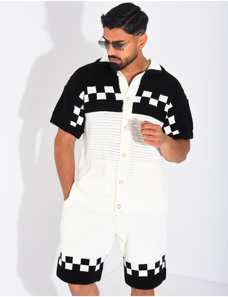 Ensemble ajouré à damier short et chemise à boutons perle