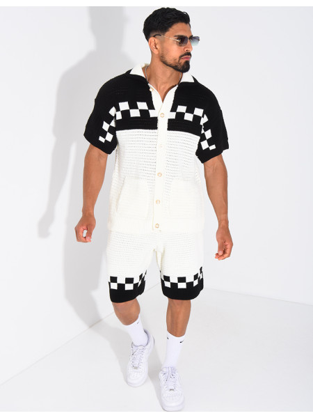 Ensemble ajouré à damier short et chemise à boutons perle