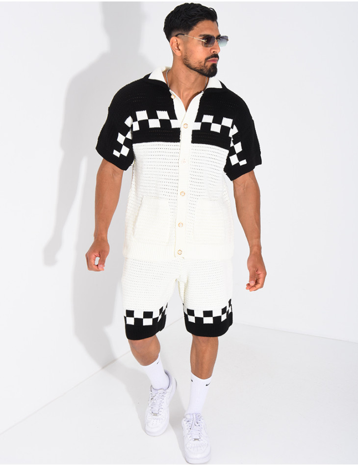 Ensemble ajouré à damier short et chemise à boutons perle