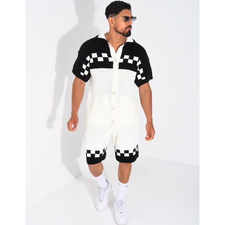 Ensemble ajouré à damier short et chemise à boutons perle