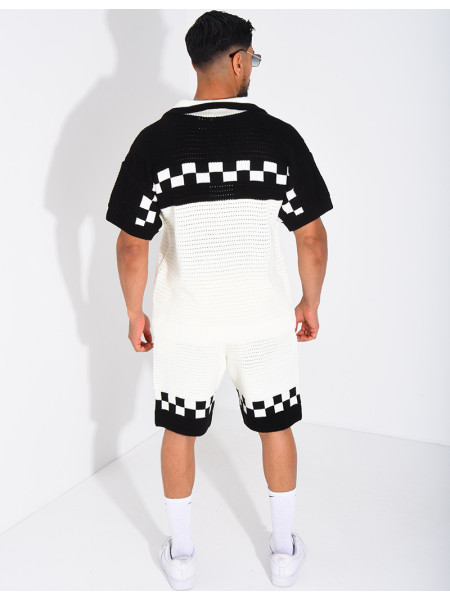 Ensemble ajouré à damier short et chemise à boutons perle