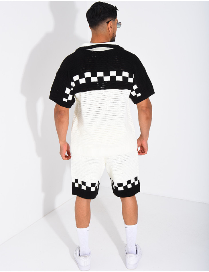 Ensemble ajouré à damier short et chemise à boutons perle