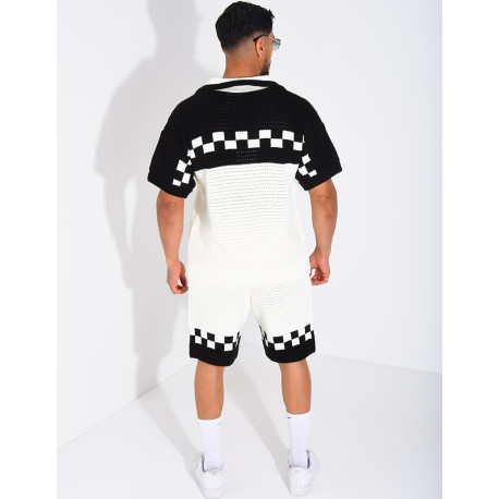 Ensemble ajouré à damier short et chemise à boutons perle