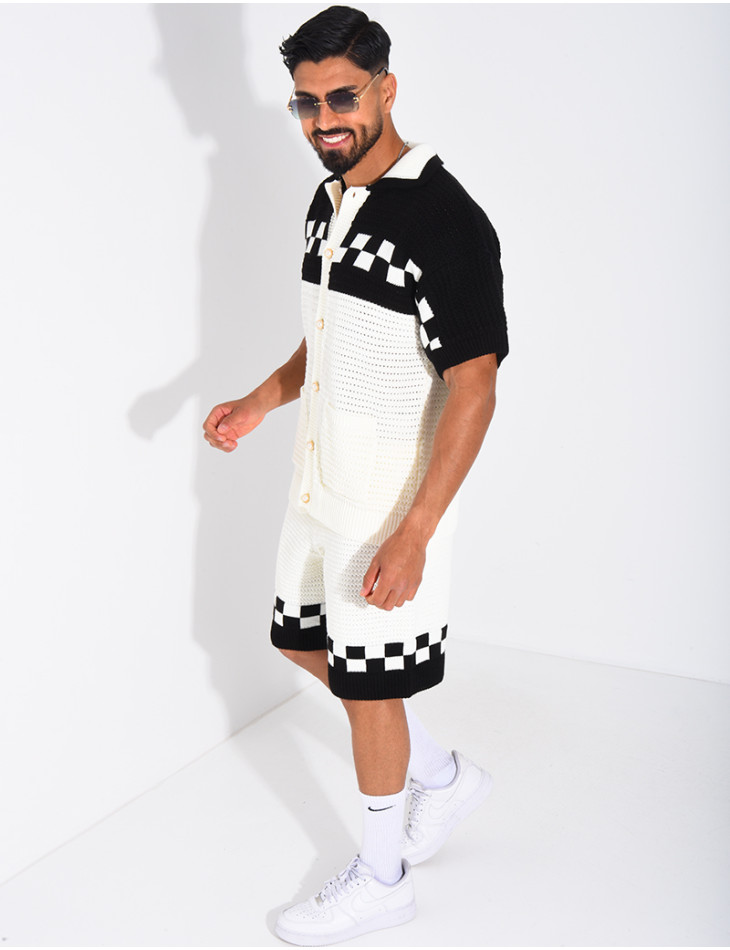 Ensemble ajouré à damier short et chemise à boutons perle