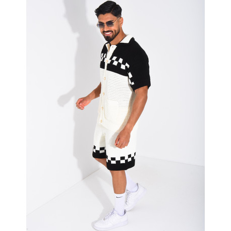 Ensemble ajouré à damier short et chemise à boutons perle