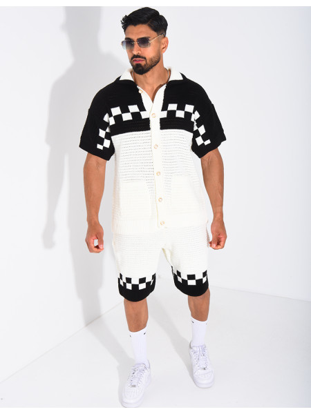 Ensemble ajouré à damier short et chemise à boutons perle