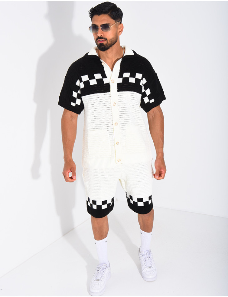 Ensemble ajouré à damier short et chemise à boutons perle