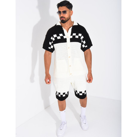 Ensemble ajouré à damier short et chemise à boutons perle