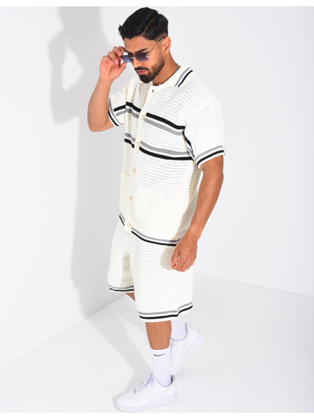 Ensemble ajouré à rayures short et chemise à boutons perle