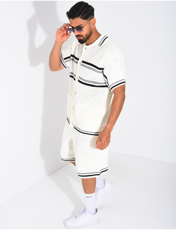 Ensemble ajouré à rayures short et chemise à boutons perle