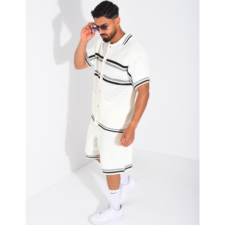 Ensemble ajouré à rayures short et chemise à boutons perle