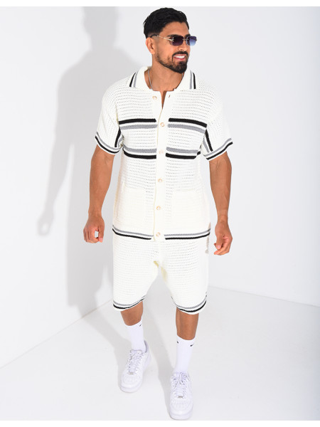 Ensemble ajouré à rayures short et chemise à boutons perle