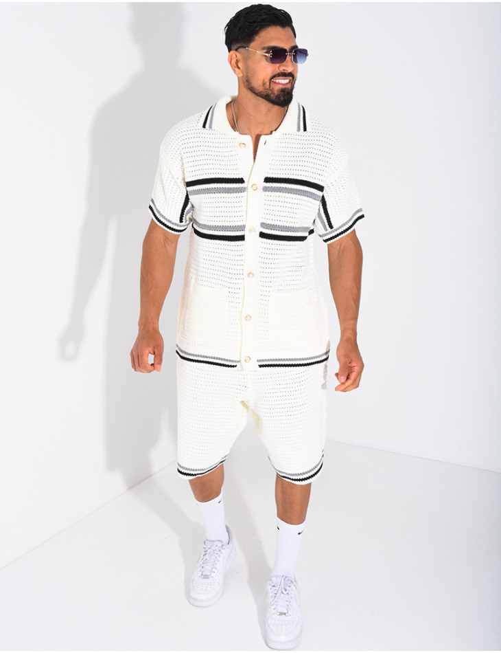 Ensemble ajouré à rayures short et chemise à boutons perle