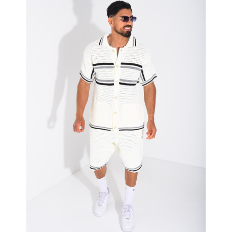 Ensemble ajouré à rayures short et chemise à boutons perle