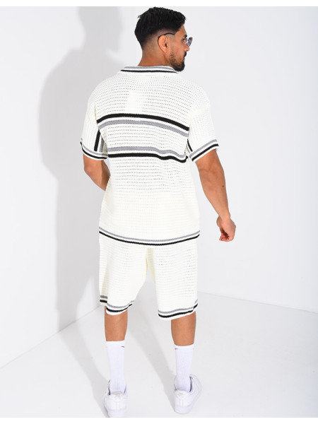 Ensemble ajouré à rayures short et chemise à boutons perle