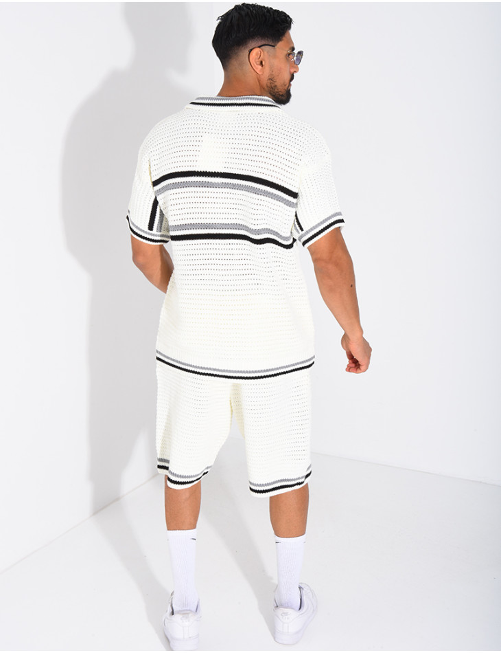 Ensemble ajouré à rayures short et chemise à boutons perle
