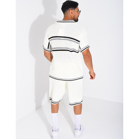 Ensemble ajouré à rayures short et chemise à boutons perle