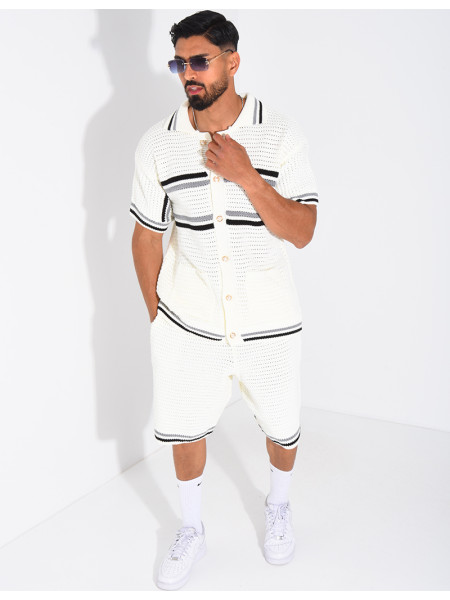 Ensemble ajouré à rayures short et chemise à boutons perle