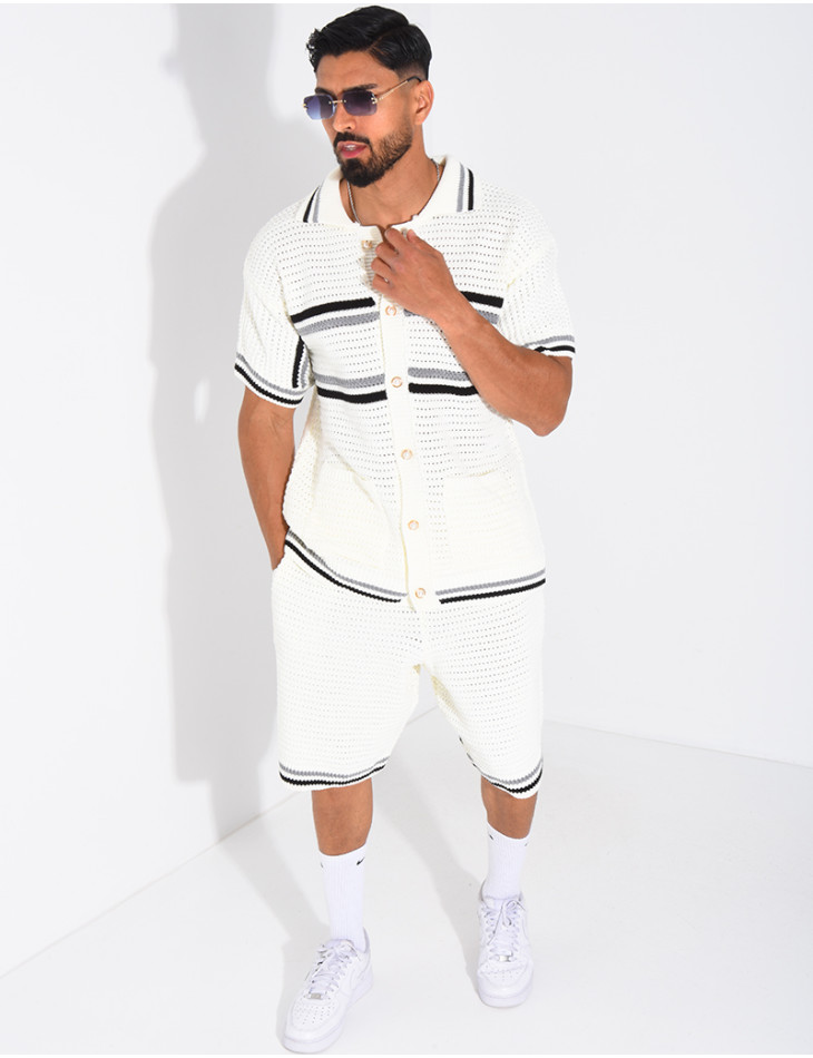 Ensemble ajouré à rayures short et chemise à boutons perle