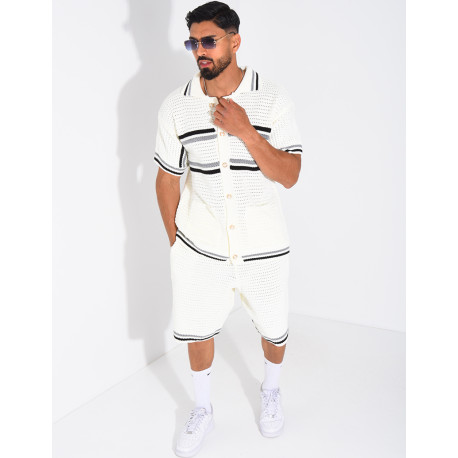Ensemble ajouré à rayures short et chemise à boutons perle