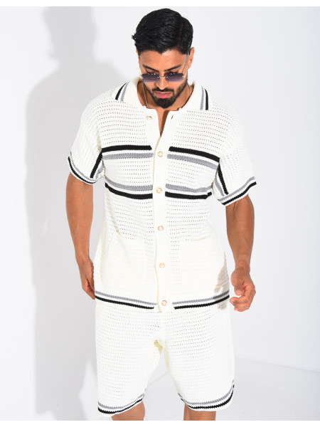 Ensemble ajouré à rayures short et chemise à boutons perle
