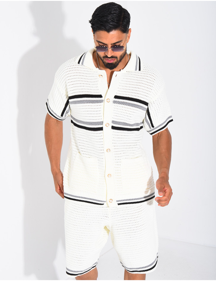 Ensemble ajouré à rayures short et chemise à boutons perle