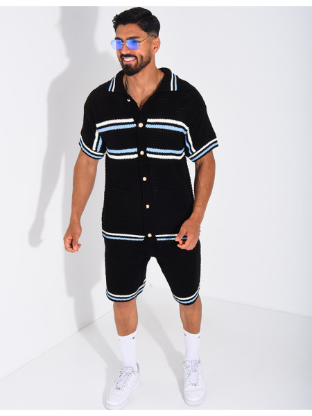 Ensemble ajouré à rayures short et chemise à boutons perle
