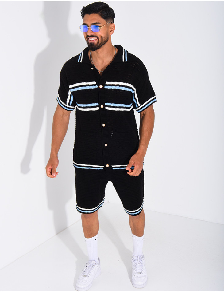Ensemble ajouré à rayures short et chemise à boutons perle
