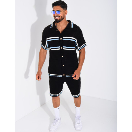 Ensemble ajouré à rayures short et chemise à boutons perle