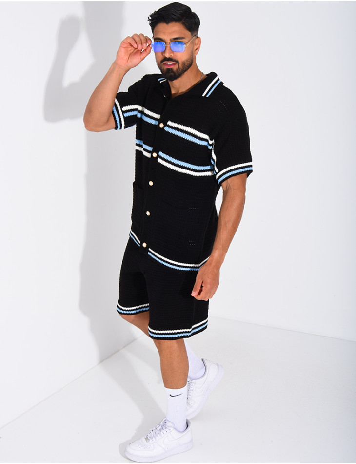 Ensemble ajouré à rayures short et chemise à boutons perle