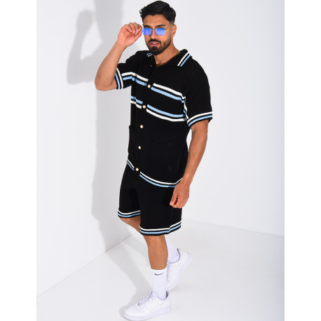 Ensemble ajouré à rayures short et chemise à boutons perle