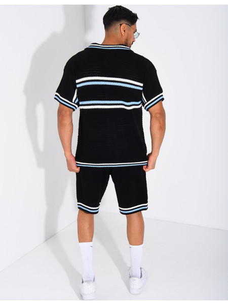 Ensemble ajouré à rayures short et chemise à boutons perle