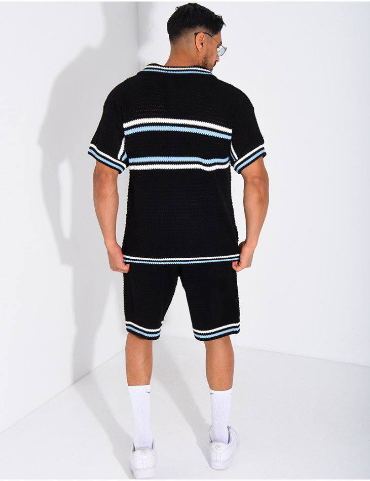 Ensemble ajouré à rayures short et chemise à boutons perle