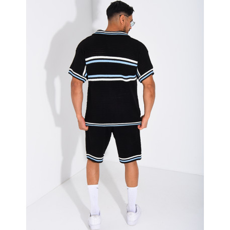 Ensemble ajouré à rayures short et chemise à boutons perle