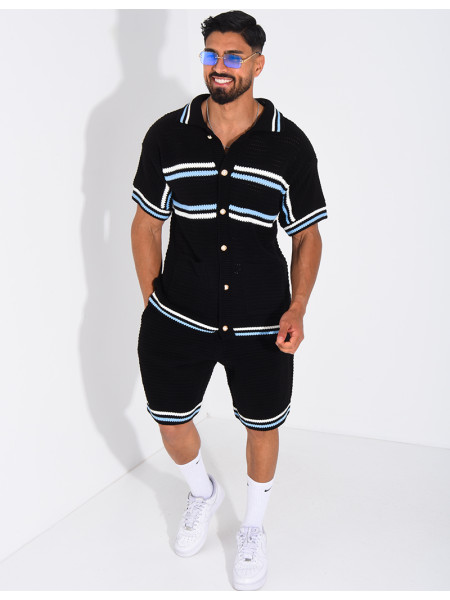 Ensemble ajouré à rayures short et chemise à boutons perle