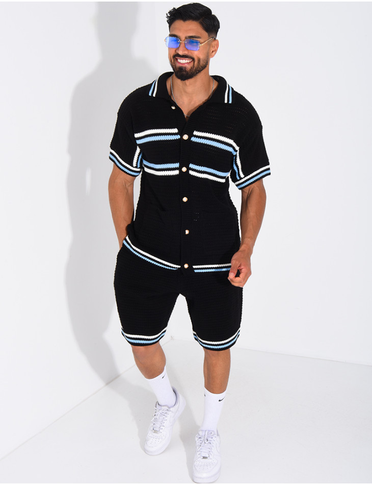 Ensemble ajouré à rayures short et chemise à boutons perle