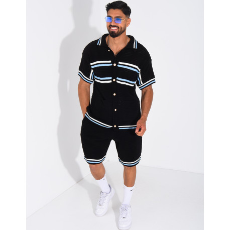 Ensemble ajouré à rayures short et chemise à boutons perle