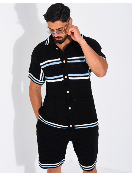 Ensemble ajouré à rayures short et chemise à boutons perle