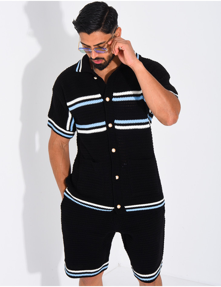 Ensemble ajouré à rayures short et chemise à boutons perle