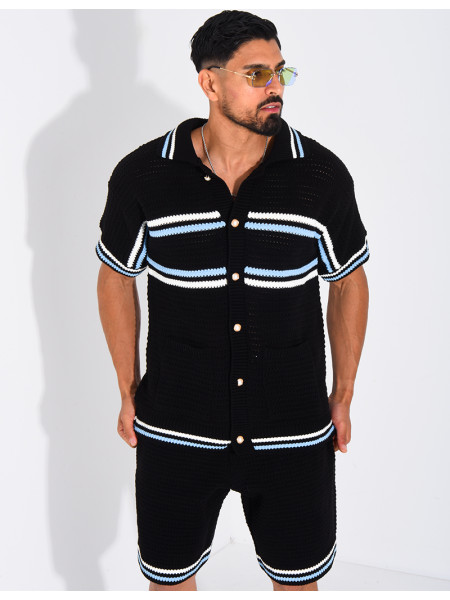 Ensemble ajouré à rayures short et chemise à boutons perle